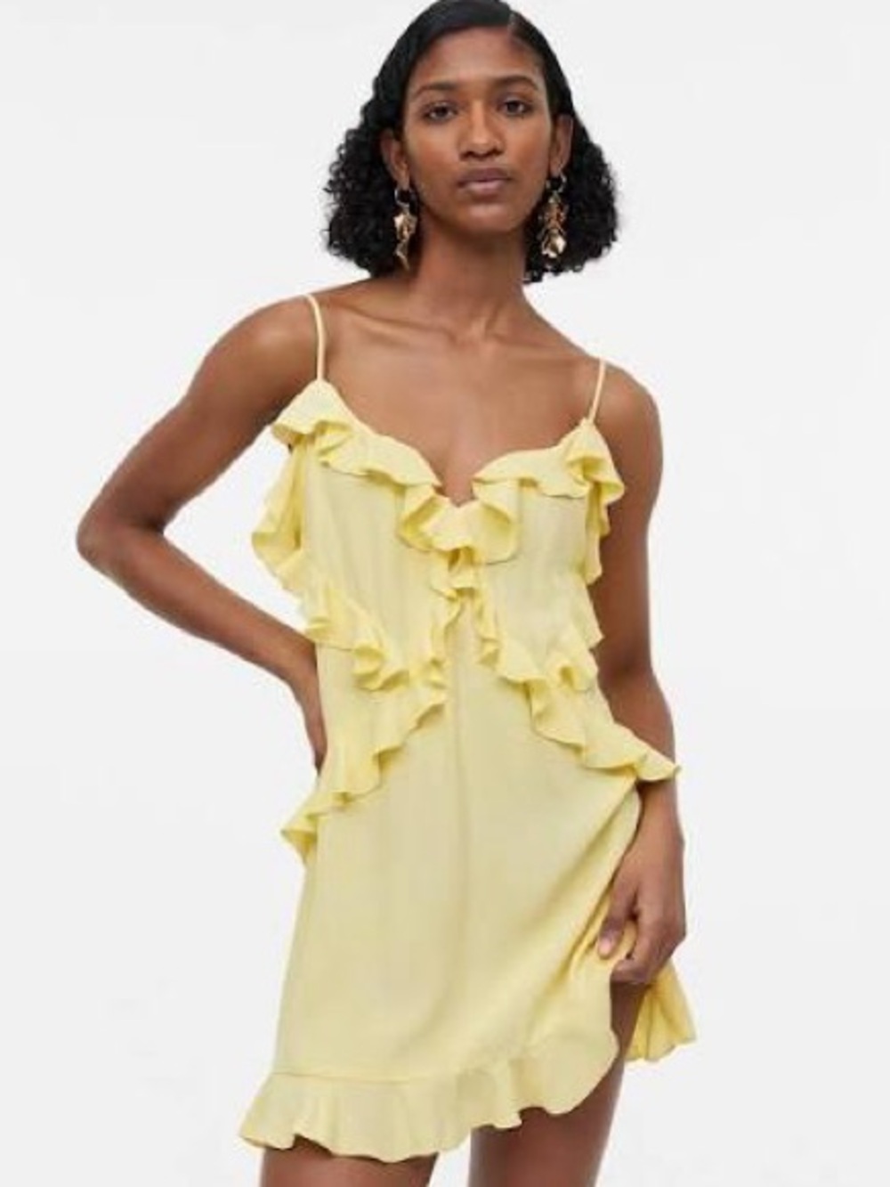 H&M Pale Yellow Ruffle Spaghetti-Strap Mini Dress